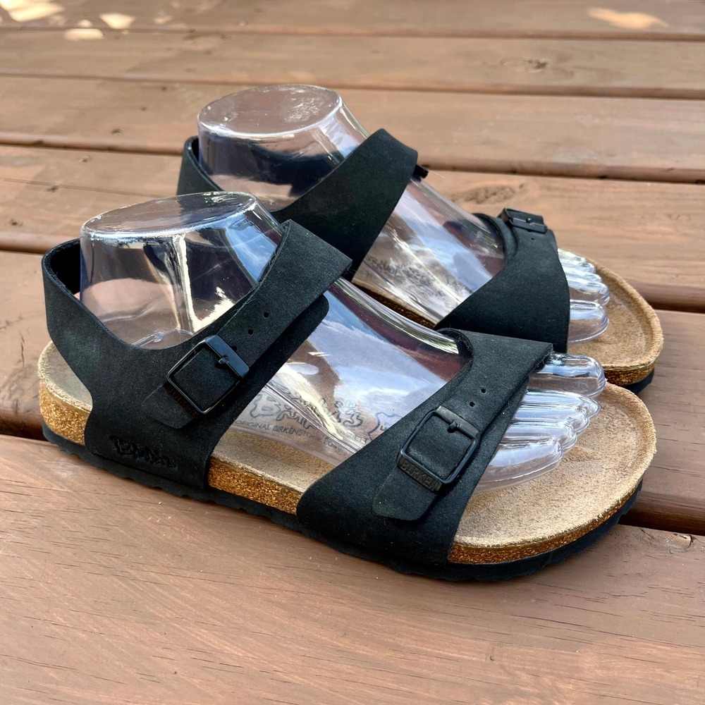 Birki's by Birkenstock Sandals Black Nubuck Leather Ankle Strap Women 38 L7